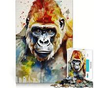 Watercolor Painted Gorilla 1000 Piece Jigsaws for Adults Brain Recall Game Tight Interlock No Gaps Calming Mental Break Activity (38x26cm)