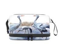 Watercolor Painting Cranes by The River Double Layer Cosmetic Bag for Women and Girls, Travel Toiletry Bag Makeup Handy Pouch Organiser Bag with Brush Compartment