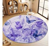 Watercolor Painting Purple Flowers Butterfly Round Area Rug 100 cm Washable Circular Rug, Purple Low Pile Lightweight Indoor Carpet Mat - Kitchen Living Room Bedroom Decoration floormat