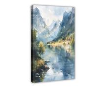 Watercolor Painting, The Fjords Norway Print, Scandinavian Mountains Wall Art, Norwegian Home Décor Poster, C30-129 Canvas Poster Bedroom Decor Landscape Office Room Decor Gift 16x24inch(40x60cm)