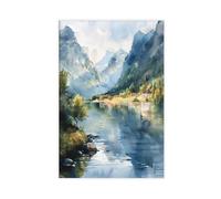 Watercolor Painting, The Fjords Norway Print, Scandinavian Mountains Wall Art, Norwegian Home Décor Poster, C30-129 Canvas Poster Bedroom Decor Landscape Office Room Decor Gift 08x12inch(20x30cm)