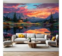 Watercolor Panoramic Mural Wallpaper 390 x 260 cm Sunset Mountains Wall Mural Non-Woven Art Print Wallpaper Living Room Bedroom Sofa TV Backdrop Decoration Poster Picture Photo