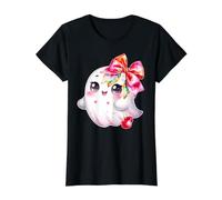 Watercolor Pastel Halloween Cherry and Bow Coquette Ghost Value Graphic T-Shirt, Women, Black, M