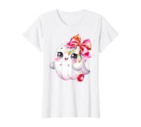 Watercolor Pastel Halloween Cherry and Bow Coquette Ghost Value Graphic T-Shirt, Women, White, M