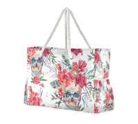 Watercolor Pattern Skull Happy Halloween Red Flower Sandproof Travel Duffel Bag, Sports with Side Pocketes Bags and Totes with Cup Holders on Side