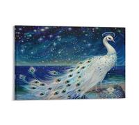 Watercolor Peacock Canvas Wall Art, Retro Nature Ocean White Animal Picture Painting on Canvas, Print Poster Decoration Artwork for Home Living Room Bedroom Wall Decor Frame 08x12inch(20x30cm)