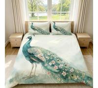 Watercolor Peacock Duvet Cover Set Double 3D Printed Microfiber Cherry Blossoms and Animals Bedding Set Ultra-Soft Quilt Cover 200 x 200 cm with Zipper Closure and 2 Pillowcases 50x75 cm e-116