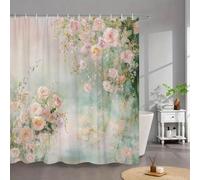 Watercolor Peonies Bathtub Curtain - Pink & White Blooms with Green Foliage, Soft Gradient Design, Hooks Included 92x214cm/(WxH)
