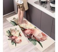 Watercolor Peony Bouquet Kitchen Rugs Non Skid Washable Mats Set of 2 PCS, Vintage Flower Oil Painting Absorbent Runner Rugs for Kitchen, Front of Sink,Sink Laundry, 40x60cm+40x120cm Pink