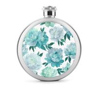 Watercolor Peony Pattern Green Minimalist Stainless Steel Hip Flask for Liquor, Round Pocket Portable Wine Flask for Drink 5 Oz