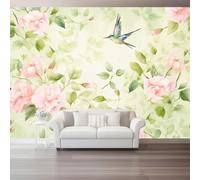 Watercolor Photo Wallpaper Mural - Roses Green Leaves Non-Woven Art Print Murals 150 x 105 cm (W x H), Light Green Interior Decor Wallpaper for Bedroom Living Room TV Backdrop Home