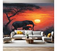 Watercolor Photo Wallpaper Sunset Animals Elephant Wall Mural Non-Woven Art Print 250 x 180cm Wallpaper Mural Photo Kids Bedroom Office Living Room Home Poster Decoration
