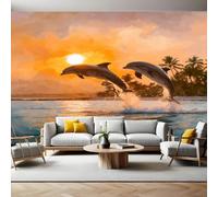 Watercolor Photo Wallpaper Sunset Dolphin Wall Mural Non-Woven Art Print 250 x 180cm Wallpaper Mural Photo Kids Bedroom Office Living Room Home Poster Decoration