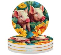 Watercolor Pig Flower Coasters for Drinks Set of 4, Absorbent Ceramic Drink Coasters with Cork Base, 4 Inch Round Cup Coaster for Coffee Tea Glasses Table Protection