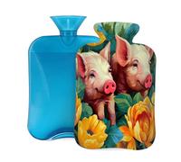 Watercolor Pig Flower Hot Water Bottle with Cover, 2L PVC Hot Water Bag with Soft Cover, Reusable Heating Pad for Pain Relief Warm Hands Waist Abdomen Feet & Bed