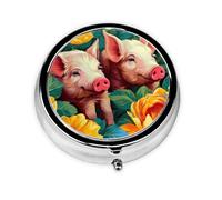 Watercolor Pig Flower Round Pill Box with 3 Compartments, Mini Metal Pill Organizer for Purse or Pocket, Lightweight Portable for Daily Use Gifts Travel