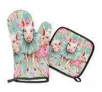 Watercolor Piglet Pig Pink Green Oven Mitts & Pot Holders BBQ Gloves, Heat Resistant Kitchen Oven Gloves Hot Pads for Cooking Baking Grilling