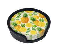 Watercolor Pine and Lemon Leather Coaster Round Drink Coasters 6 Pcs Home Decor