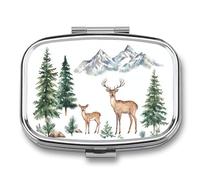 Watercolor Pine Forest Deer Pill Box 2 Compartment Portable Medicine Pill Case Travel Pill Organizer for Pocket Purse