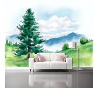 Watercolor Pine Tree Clouds Pattern Wallpaper Mural, 118.1" x 82.7" Non-Woven 3D Effect Wallpaper, Blue Green Photo Poster Murals for Sofa TV Background Bedroom Wall Art