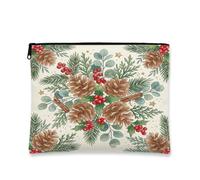 Watercolor Pinecones Botanical Theme Christmas Makeup Bag 7x9 Inch | Watercolor Botanical Illustration, Makeup Zipper Pouch, Pine Branches, Holly Berries, Cinnamon Sticks, Winter Woodland Theme