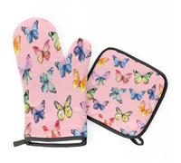 Watercolor Pink Butterfly Oven Mitts & Pot Holders BBQ Gloves, Heat Resistant Kitchen Oven Gloves Hot Pads for Cooking Baking Grilling