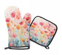 Watercolor Pink Poppy Flowers Oven Mitts & Pot Holders BBQ Gloves, Heat Resistant Kitchen Oven Gloves Hot Pads for Cooking Baking Grilling