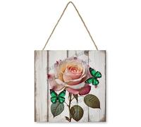 Watercolor Pink Rose Wooden Sign for Garden Rustic Rose Hanging Wood Plaques for Home Office Funny Bathroom Decor Floral Wall Art 12x12 Inch