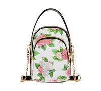 Watercolor Pink White Camellia Flowers Womens Shoulder Purse Chain Strap Phone Wallet Handbag Floral Print Zipper Bowler Tote Ladies Satchel, 5.9" × 8.3" × 3.1"