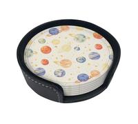 Watercolor Planet Coaster Fun Cartoon Patterns Circular Leather Coasters with Brackets