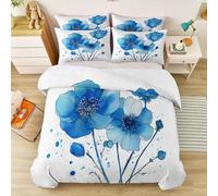 Watercolor Plants Anemones Flowers Print Duvet Cover for Kids Adults, Hypoallergenic Blue Microfiber Reversible Bedding Set with Zipper, 135 x 200 cm Easy Care Quilt Cover with 2 Pillowcases