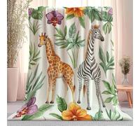 Watercolor Plants Animals Giraffe Zebra Throw Blanket, White Print Blanket Couch Sofa Bed Blanket for Kids Girls Decor - Soft and Breathable for Living Room Bedroom 100 x 130 cm