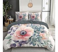Watercolor Plants Duvet Cover Set Soft Lightweight Microfibre Quilt Cover With 2 Pillowcase Pink Anemone Succulent Print Pattern 3 Pcs Bedding Set With Zipper Closure Super King 260X220Cm