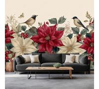 Watercolor Plants Flowers Birds Wallpaper Mural, Non-Woven Cream Print Panoramic Photo Wallpaper for Living Room Bedroom Home Poster Decoration - Not Peel and Stick Mural W350 x H256 cm