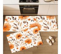 Watercolor Plants Kitchen Rug Sets 2 Piece, Anti Fatigue Comfort Standing Orange Flowers Branches Leaves Kitchen Mats Set, Easy Care Orange Color Floor Mat, for Laundry Room Hallway 50x80cm+50x180cm
