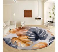 Watercolor Plants Monstera Leaves Round Area Rug, Grey Gold Print Non Shedding Large Carpet - Machine Washable Area Rugs Diameter 120 cm with Non Slip Backing for Living Room Bedroom Decor