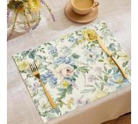 Watercolor Plants Placemats, Set of 4 White Table Mats Heat Resistant Non-Slip Cotton and linen Placemats, Washable Durable Beautiful Flowers Leaves Table Mats for Kitchen Dinning Restaurant