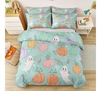 Watercolor Plants Pumpkin Duvet Cover Soft Microfiber, Cute Halloween Ghost Theme Room Decor Quilt Cover, Skin-Friendly Reversible 200 x 200 cm Bedding Set With Zipper Closure for Boys Girls