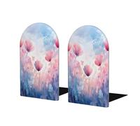 Watercolor Poppy Floral Wood Bookends for Shelves, Heavy Duty Wood Book Holder with Non-Slip Base, Decorative Book Organizer for Office Home Library Study Room Bedroom