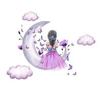 Watercolor Princess on Moon Wall Stickers for Girls Room, Butterfly Flower Clouds Wall Decals for Daughter Room Baby Room Decoration, Vinyl Murals Wall Stickers for Living Room Kids Bedroom