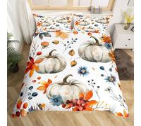 Watercolor Pumpkin Duvet Cover Double Size 3 Pcs,Autumn Orange Leaves Retro Flowers Bedding Sets for Kids Teens Adults,Fall Plants Rustic Style Quilt Cover with 2 Pillowcases(No Comforter)