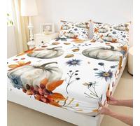 Watercolor Pumpkin Fitted Sheet Single Size 2 Pcs,Autumn Orange Leaves Retro Flowers Bed Sheet for Kids Teens Adults,Fall Plants Rustic Style Bed Cover with 1 Pillowcase(No Flat Sheet)
