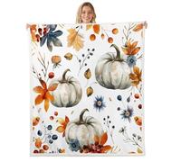 Watercolor Pumpkin Throw Blanket Queen Autumn Orange Leaves Retro Flowers Fleece Blanket for Kids Teens Adults Fall Plants Rustic Style Fuzzy Blanket for Living Room Sofa