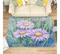 Watercolor Purple Daisy Soft Short Pile Rugs for Bedroom Living Room Green Thin Stain Resistant Anti-Slip Floor Carpet for Office Dining Room - Easy Clean Washable 80x150 cm