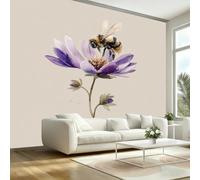 Watercolor Purple Flower Bee Wallpaper Paste The Wall 400x280cm(W x H) Mural Wallpaper 3D Effect for Living Room Fireplace Feature Wallpapers Plants Flowers Bees Wall Mural Bedroom