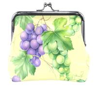 Watercolor Purple Green Grapes Yellow Women Cute Coin Purse Leather Kiss Lock Buckle Change Holder Card Pouch, Watercolor Purple Green Grapes Yellow, Classic