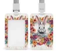 Watercolor Rabbit and Flowers Badge Holder with Lanyard - Waterproof Hard Plastic ID Card Holder Professional Name Tag Vertical ID Card Name Badge for Office Nurse Doctor Teacher