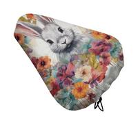 Watercolor Rabbit and Flowers Bike Seat Cover Waterproof Oxford Fabric, Universal Adjustable Bicycle Saddle Cover with Drawstring Easy Install Protective Rain Dust Covers for Women Men