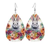 Watercolor rabbit and flowers Earrings for Women Faux Leather Earring Teardrop Dangle Earrings Lightweight Jewelry Gift