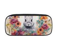 Watercolor Rabbit And Flowers Pencil Case Waterproof Leather Pencil Pouch Multi-purpose Aesthetic Makeup Bag Cute Pen Bag Large Cosmetic Bag for Office Stationery, Travel